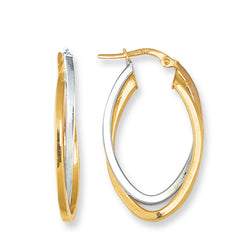 14K Yellow And White Gold Oval Shape Two Tone Double Row Hoop Earrings fine designer jewelry for men and women