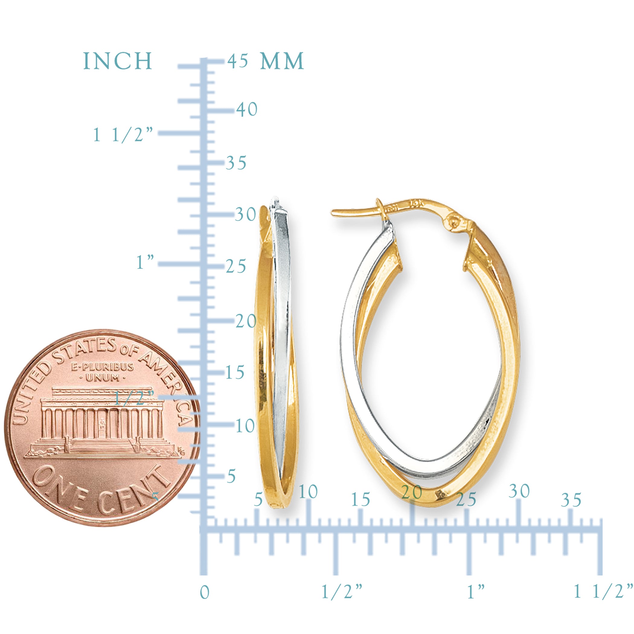 14K Yellow And White Gold Oval Shape Two Tone Double Row Hoop Earrings fine designer jewelry for men and women
