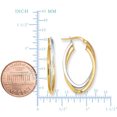 14K Yellow And White Gold Oval Shape Two Tone Double Row Hoop Earrings fine designer jewelry for men and women