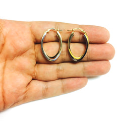 14K Yellow And White Gold Oval Shape Two Tone Double Row Hoop Earrings