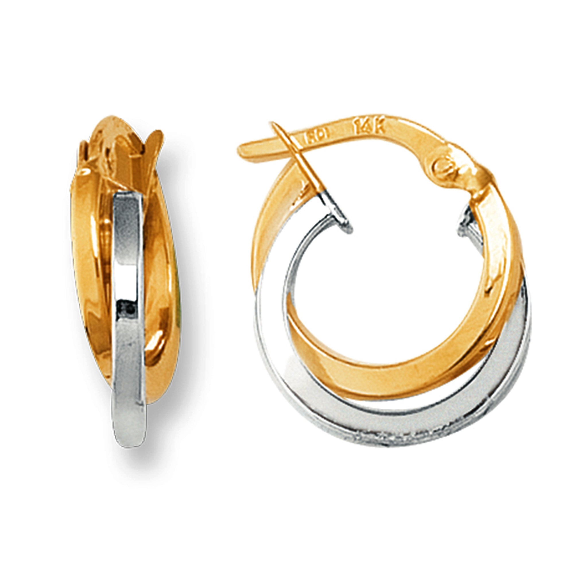 14K Yellow And White Gold Two Tone Double Row Hoop Earrings, Diameter 12mm