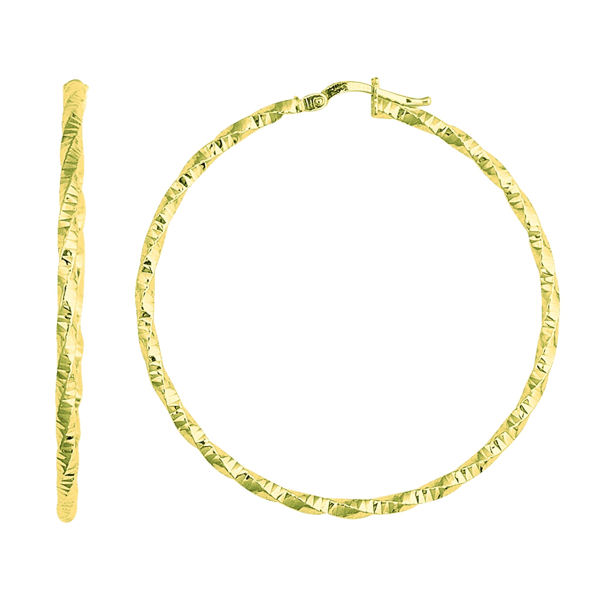 14K Yellow Gold Shiny Diamond Cut Hoop Earrings, Diameter 45mm fine designer jewelry for men and women