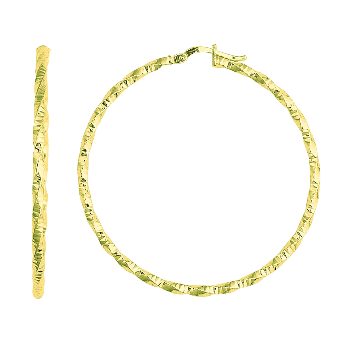14K Yellow Gold Shiny Diamond Cut Hoop Earrings, Diameter 45mm fine designer jewelry for men and women