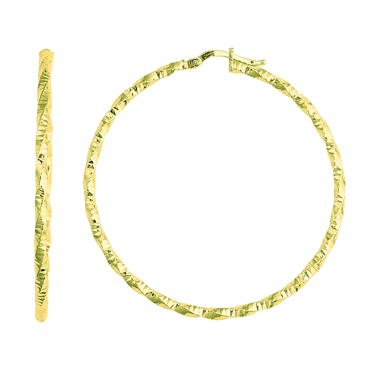 14K Yellow Gold Shiny Diamond Cut Hoop Earrings, Diameter 45mm