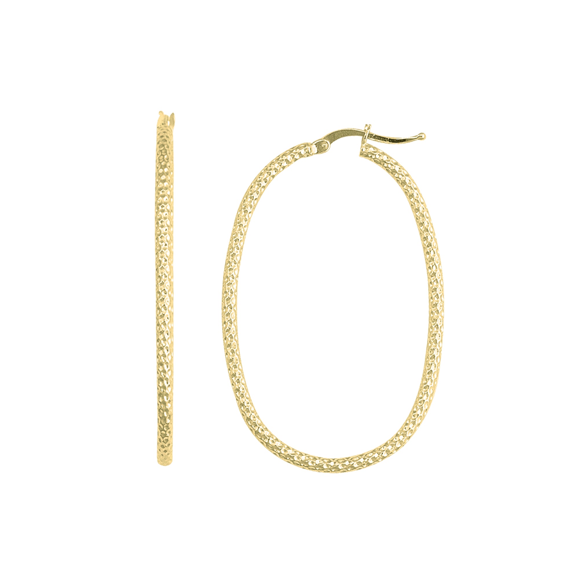 14K Yellow Gold Shiny Oval Shape Textured Hoop Earrings