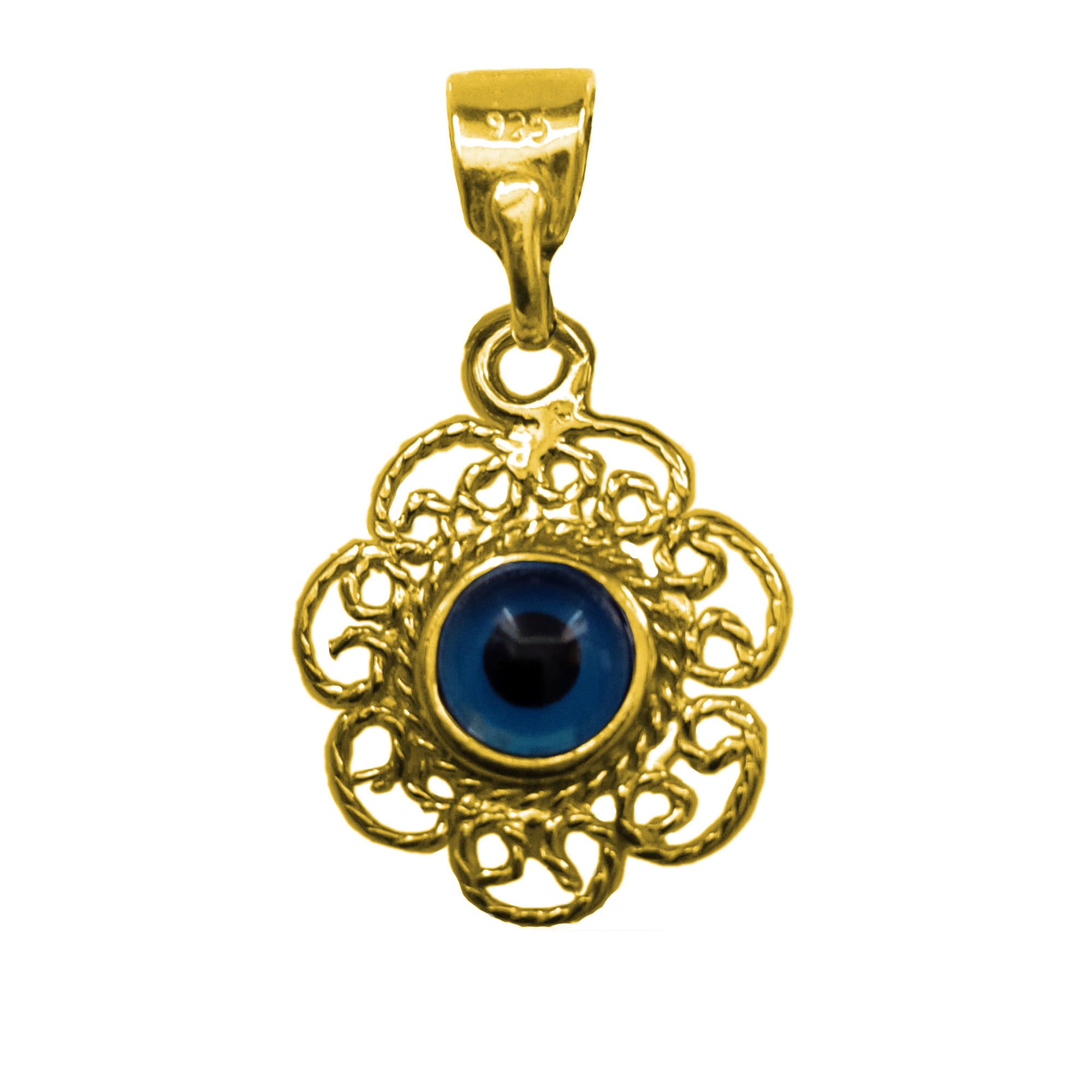 Sterling Silver Filigree Double Sided Evil Eye Pendant Charm 18 Karat Gold Overlay fine designer jewelry for men and women
