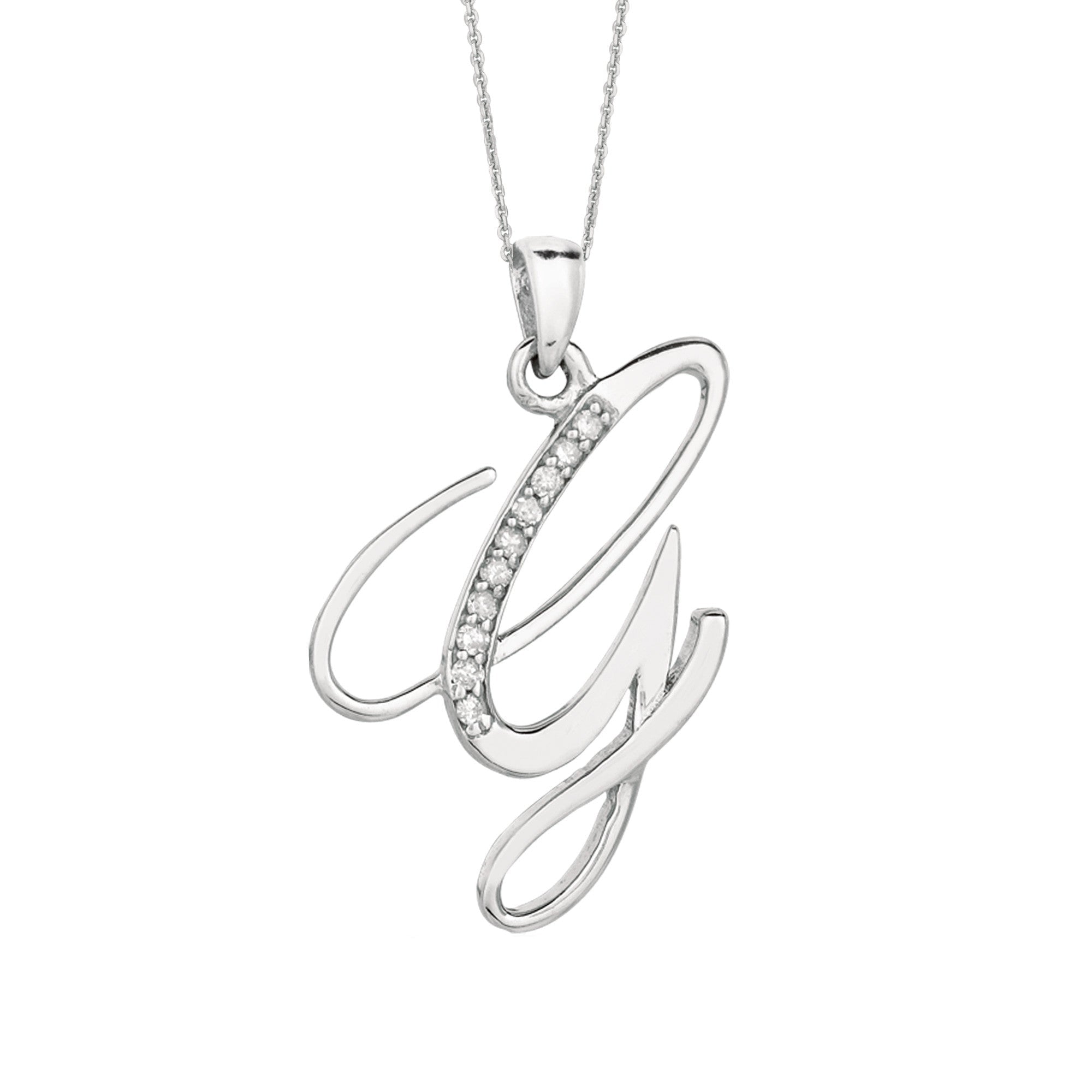 "G" Sterling Silver Rhodium Plated Script Initial Letter With Diamonds On 18 Inch Chain ( 0.05 Tcw)
