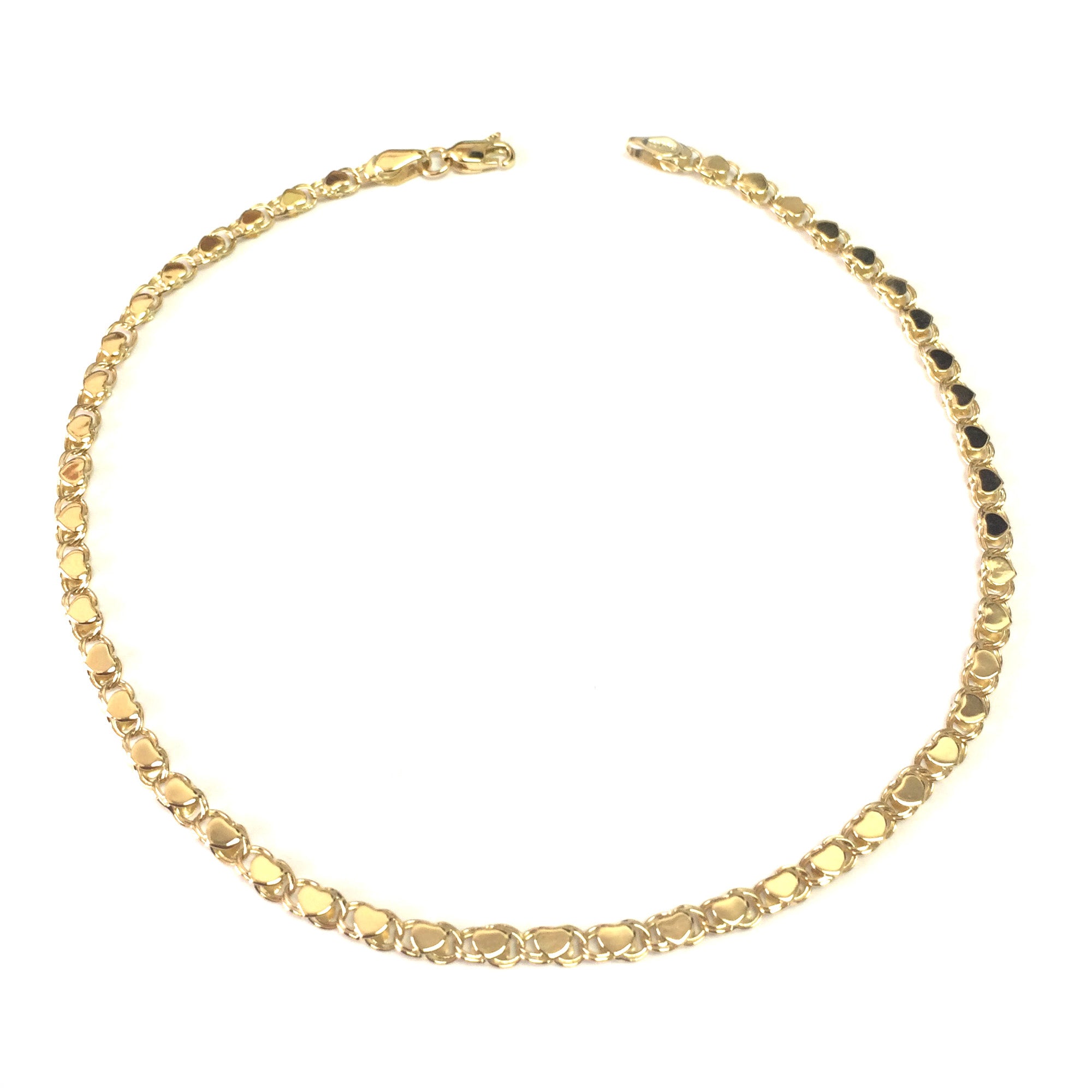 Bracelet de cheville en forme de cœurs en or jaune 14 carats, bijoux de créateurs fins de 10 pouces pour hommes et femmes