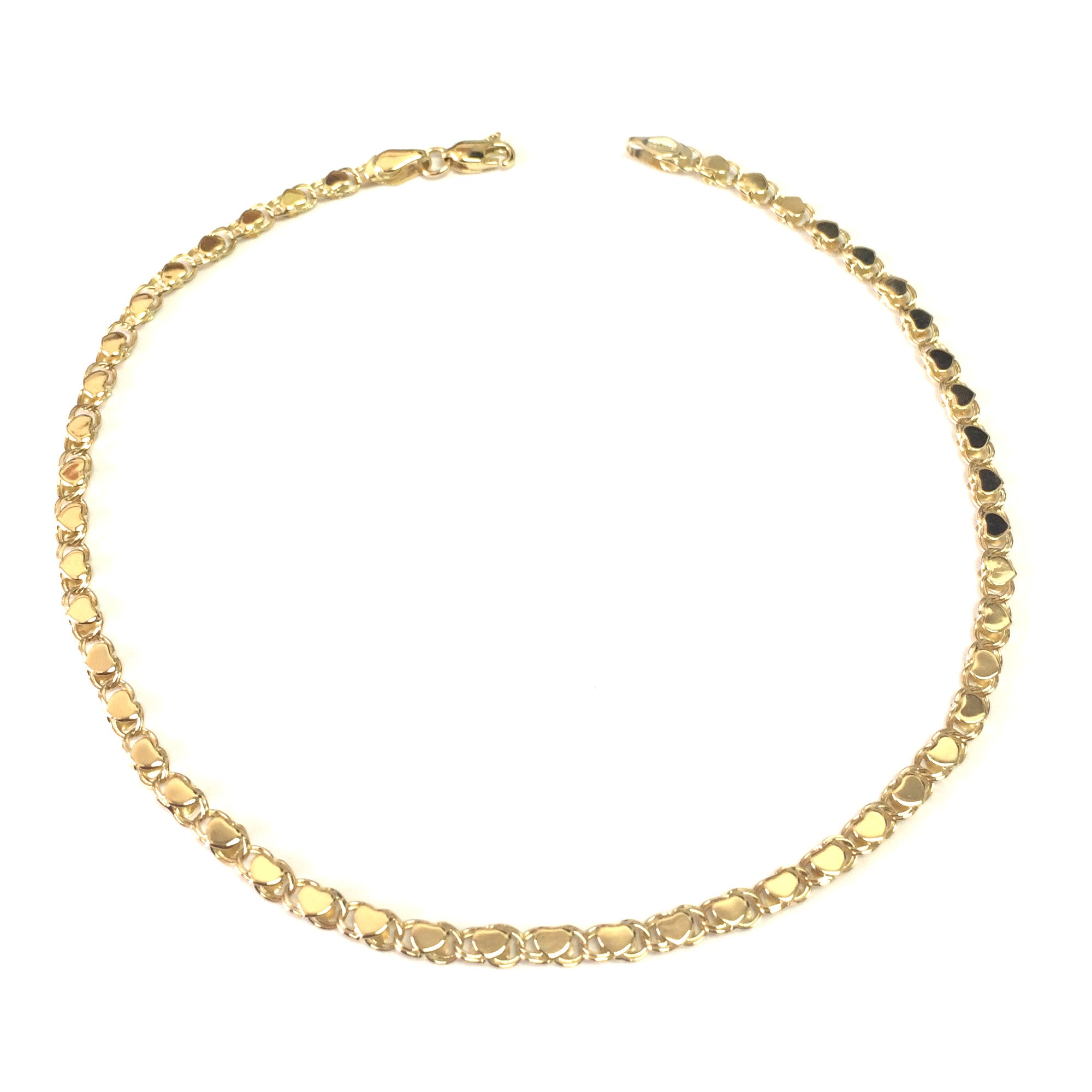 14K Yellow Gold Diamond Cut Hearts Chain Anklet, 10" fine designer jewelry for men and women