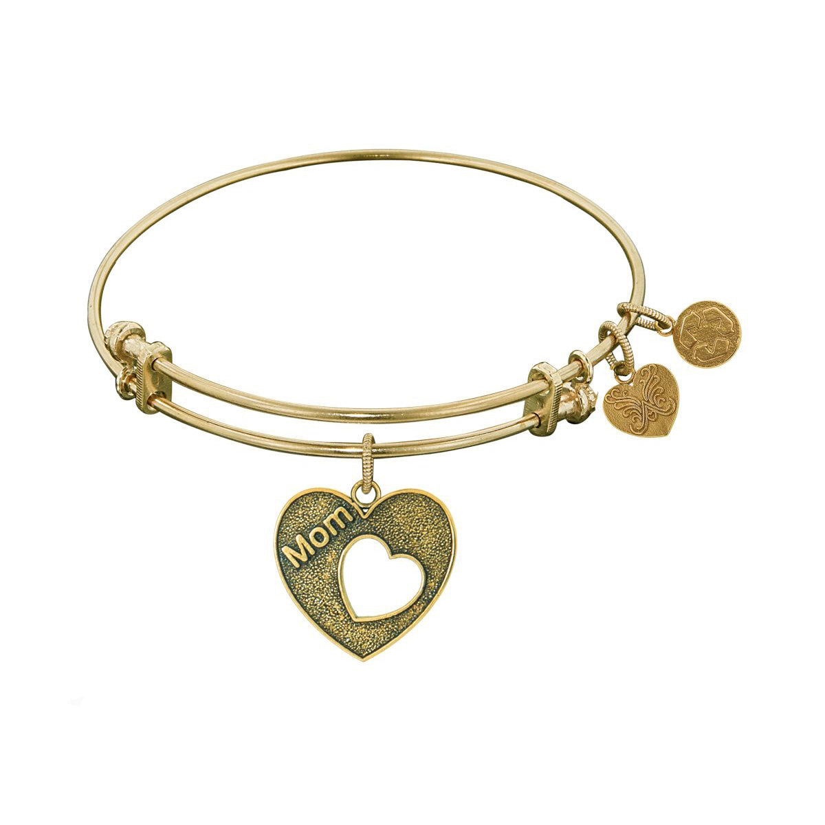 Stipple Finish Brass Heart With Mom Open Heart Angelica Bangle Bracelet, 7.25"