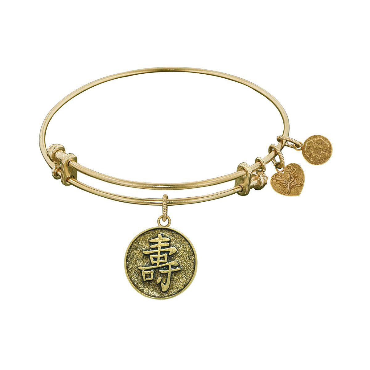 Stipple Finish Brass Longevity Chinese Symbol Angelica Bangle Bracelet, 7.25"
