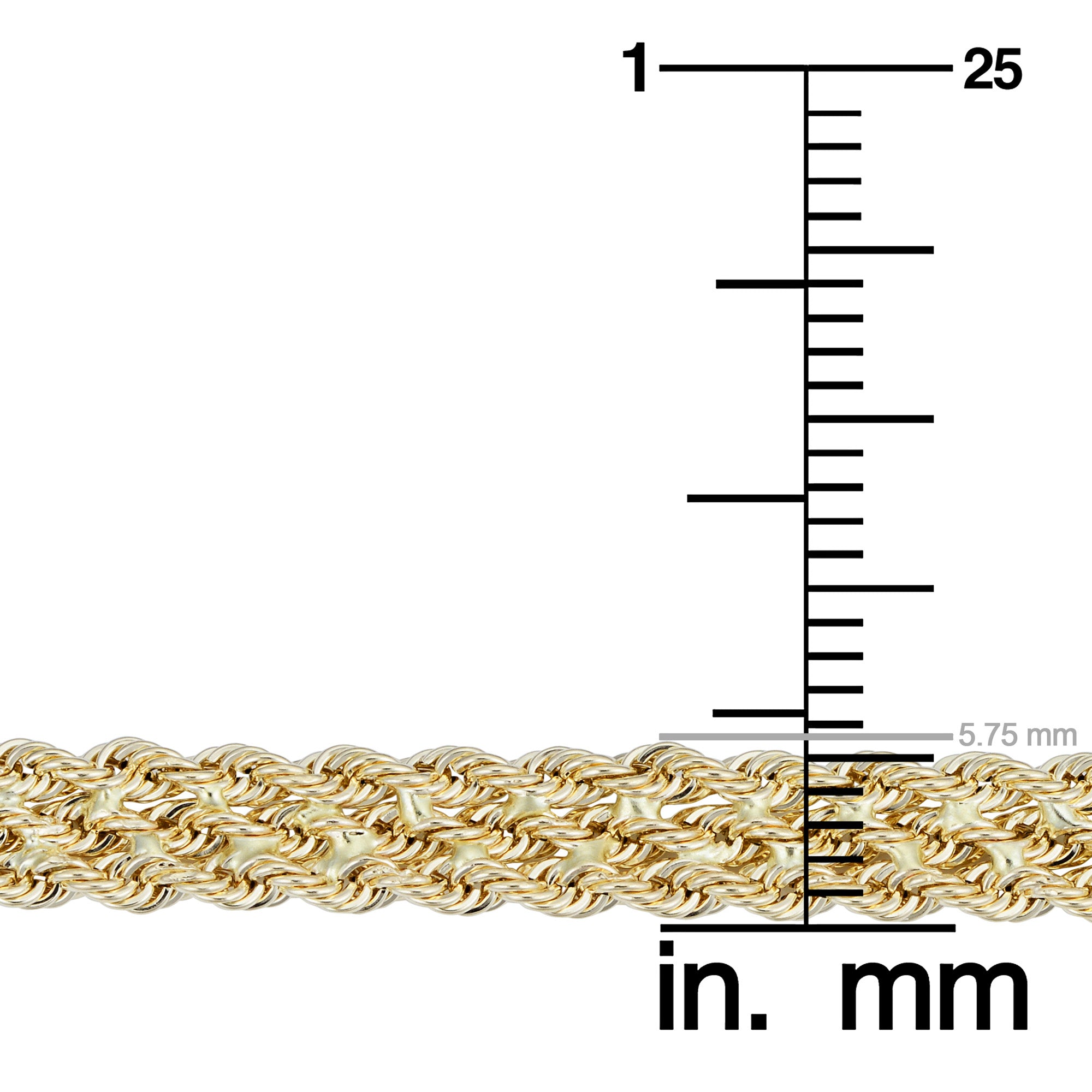 Bracciale in corda semisolida a tripla fila in oro giallo 10k, gioielli di alta moda da 7,5" per uomini e donne