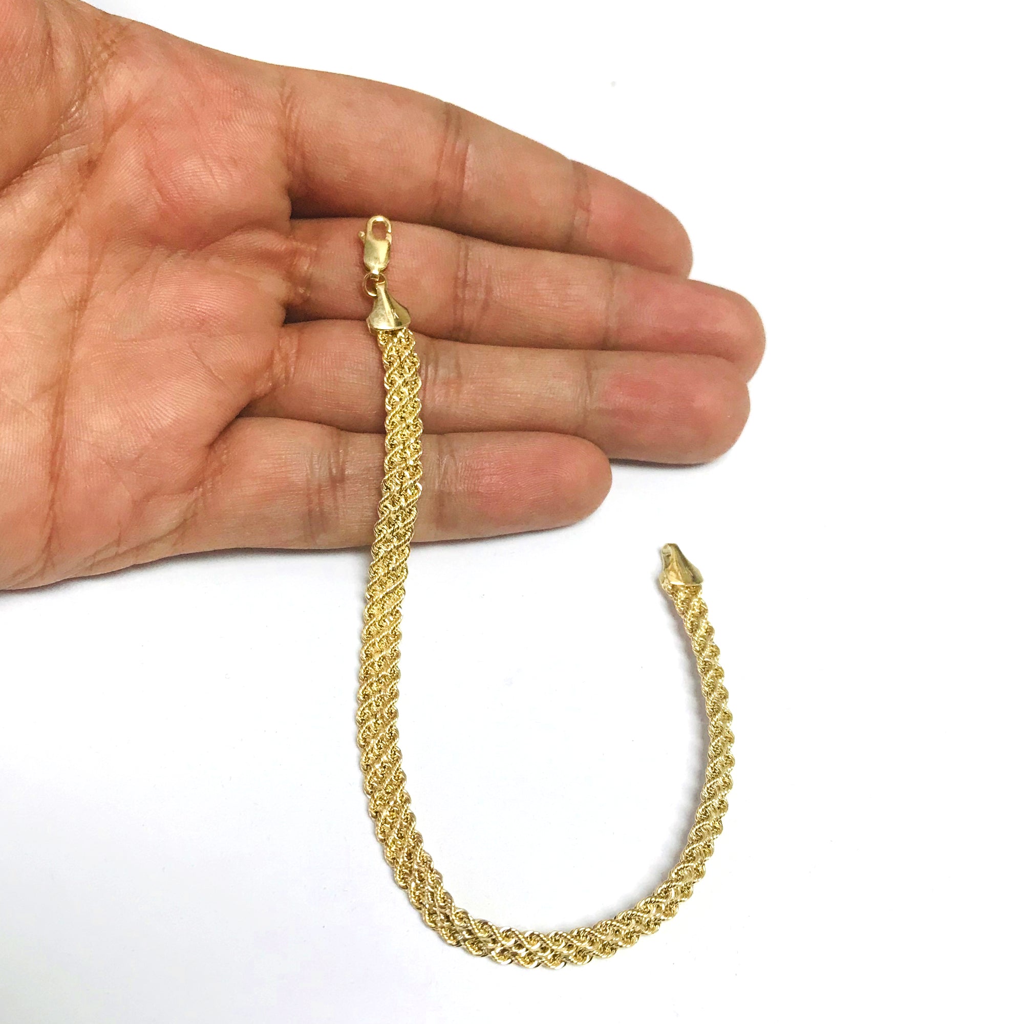 Bracciale in corda semisolida a tripla fila in oro giallo 10k, gioielli di alta moda da 7,5" per uomini e donne