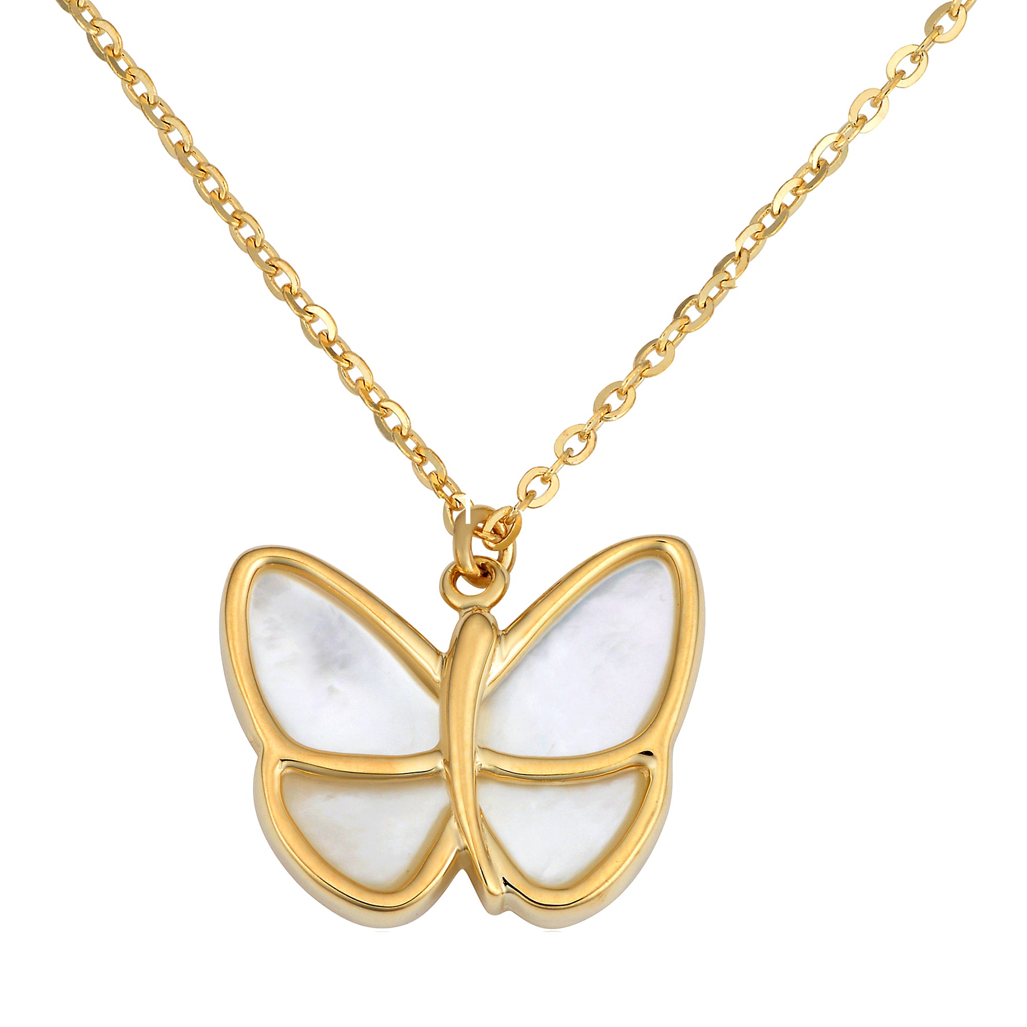 14K Yellow Gold Mother Of Pearl Butterfly Pendant Necklace, 18"