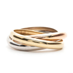 Anillo rodante hueco tricolor Trinity de oro de 14 quilates, joyería de diseño fino para hombres y mujeres