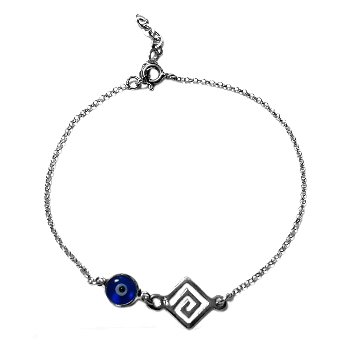 Greek Key Double Sided Evil Eye Adjustable Bracelet Sterling Silver, 7" to 8.5" - JewelryAffairs