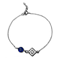 Greek Key Double Sided Evil Eye Adjustable Bracelet Sterling Silver, 7" to 8.5" - JewelryAffairs