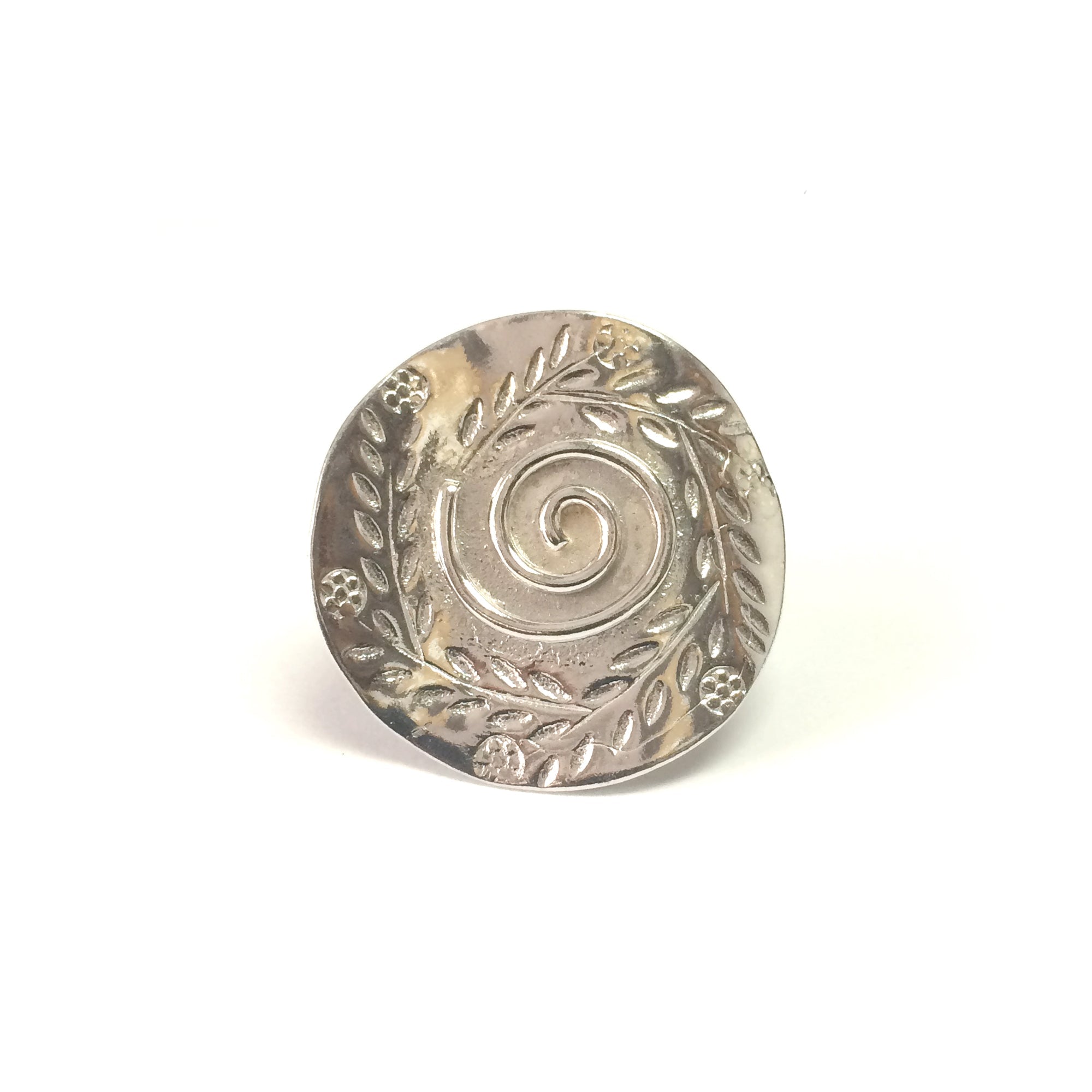 Greek Olive Leaf Disc Ring In Rhodium Plated Sterling Silver