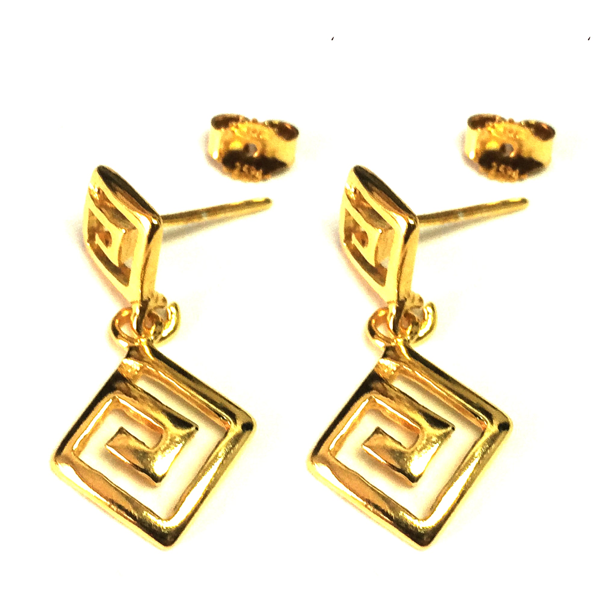 Sterlingsilver 18 karat guld överlägg grekisk nyckel Dangle örhängen, 12 x 27 mm fina designersmycken för män och kvinnor