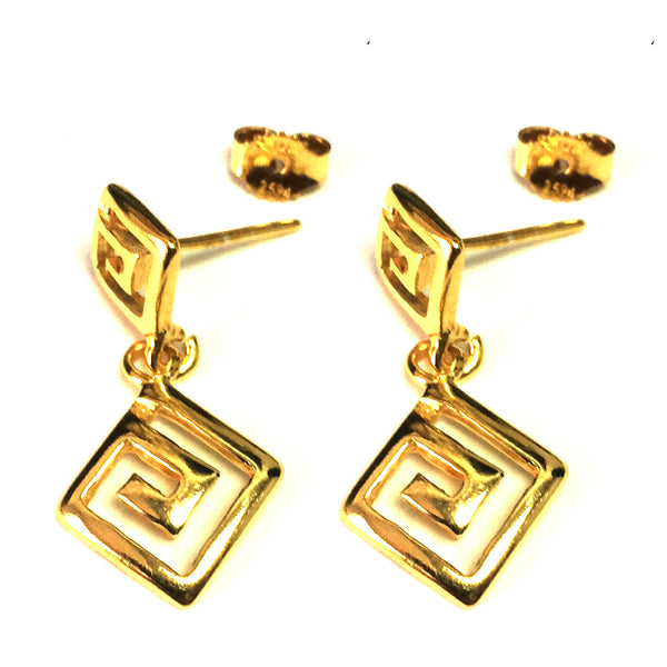 Sterling Silver 18 Karat Gold Overlay Greek Key Dangle Earrings, 12 x 27mm