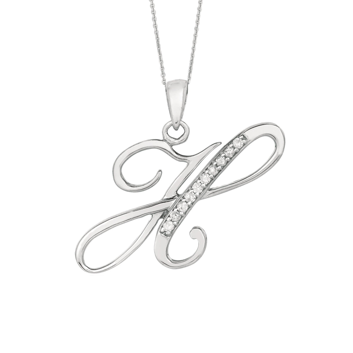 "H" Sterling Silver Rhodium Plated Script Initial Letter With Diamonds On 18 Inch Chain ( 0.05 Tcw)