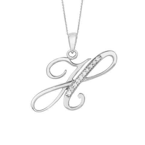 "H" Sterling Silver Rhodium Plated Script Initial Letter With Diamonds On 18 Inch Chain ( 0.05 Tcw)