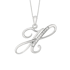"H" Sterling Silver Rhodium Plated Script Initial Letter With Diamonds On 18 Inch Chain ( 0.05 Tcw)
