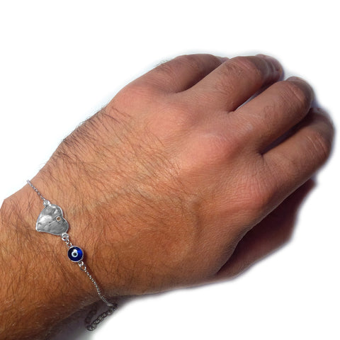 Hammered Heart Double Sided Evil Eye Adjustable Bracelet Sterling Silver, 7" to 8.5"