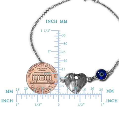 Hammered Heart Double Sided Evil Eye Adjustable Bracelet Sterling Silver, 7" to 8.5"