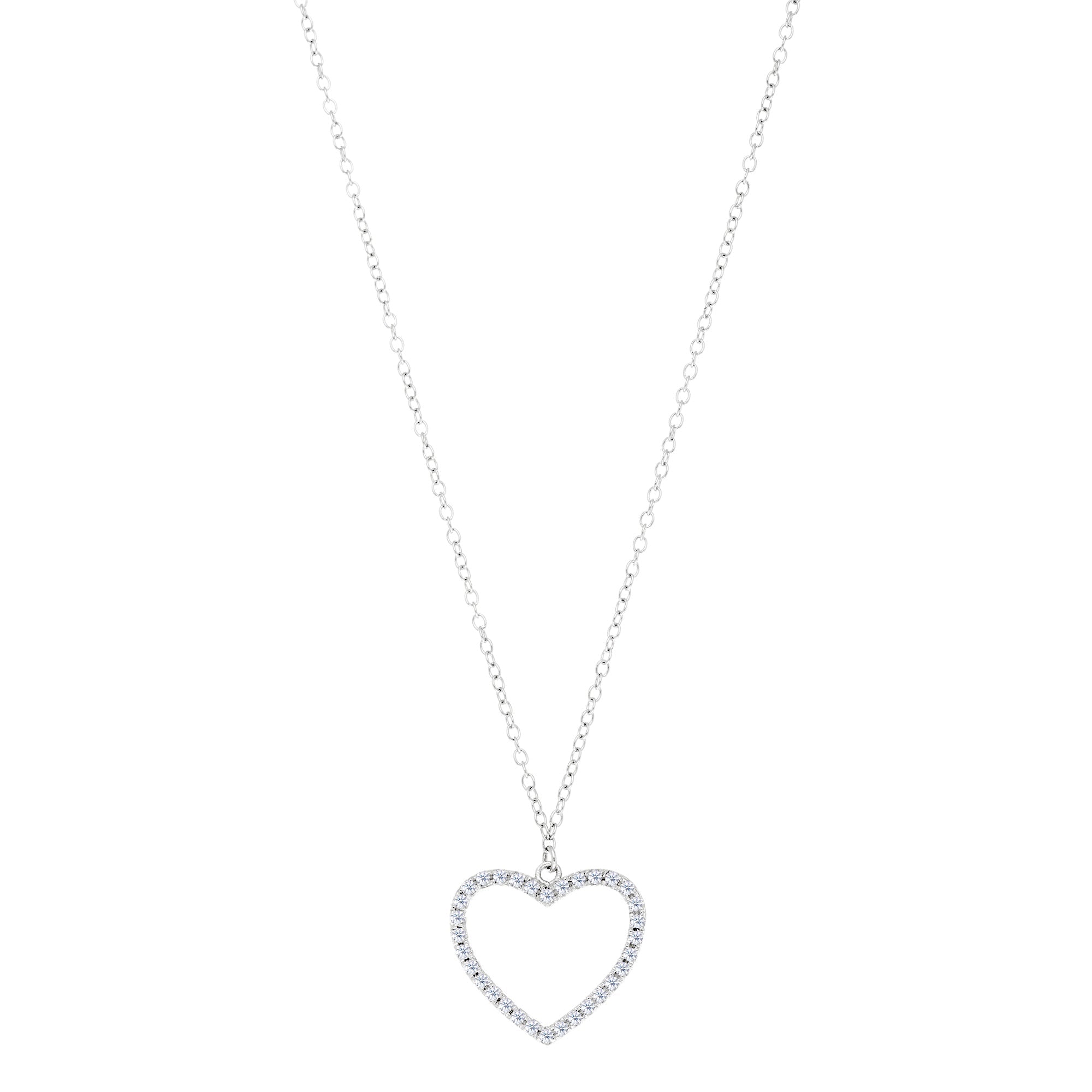 Heart And CZ Necklace In Sterling Silver, 18" - JewelryAffairs