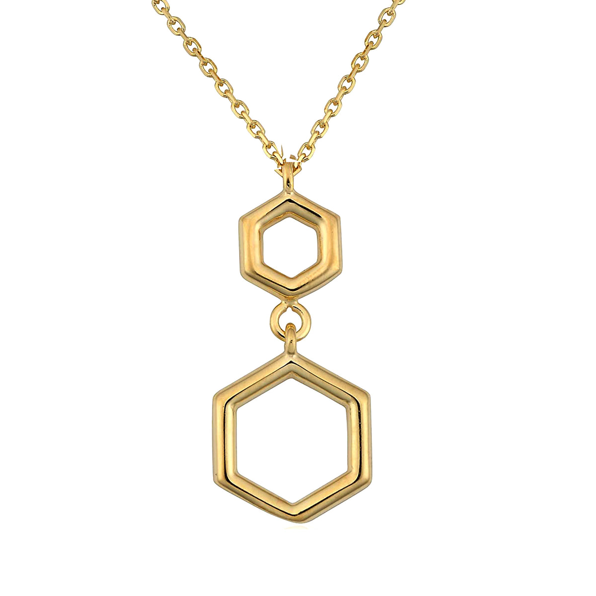 10K Yellow Gold Double Hexagon Geometric Pendant Necklace, 18" fine designer jewelry for men and women