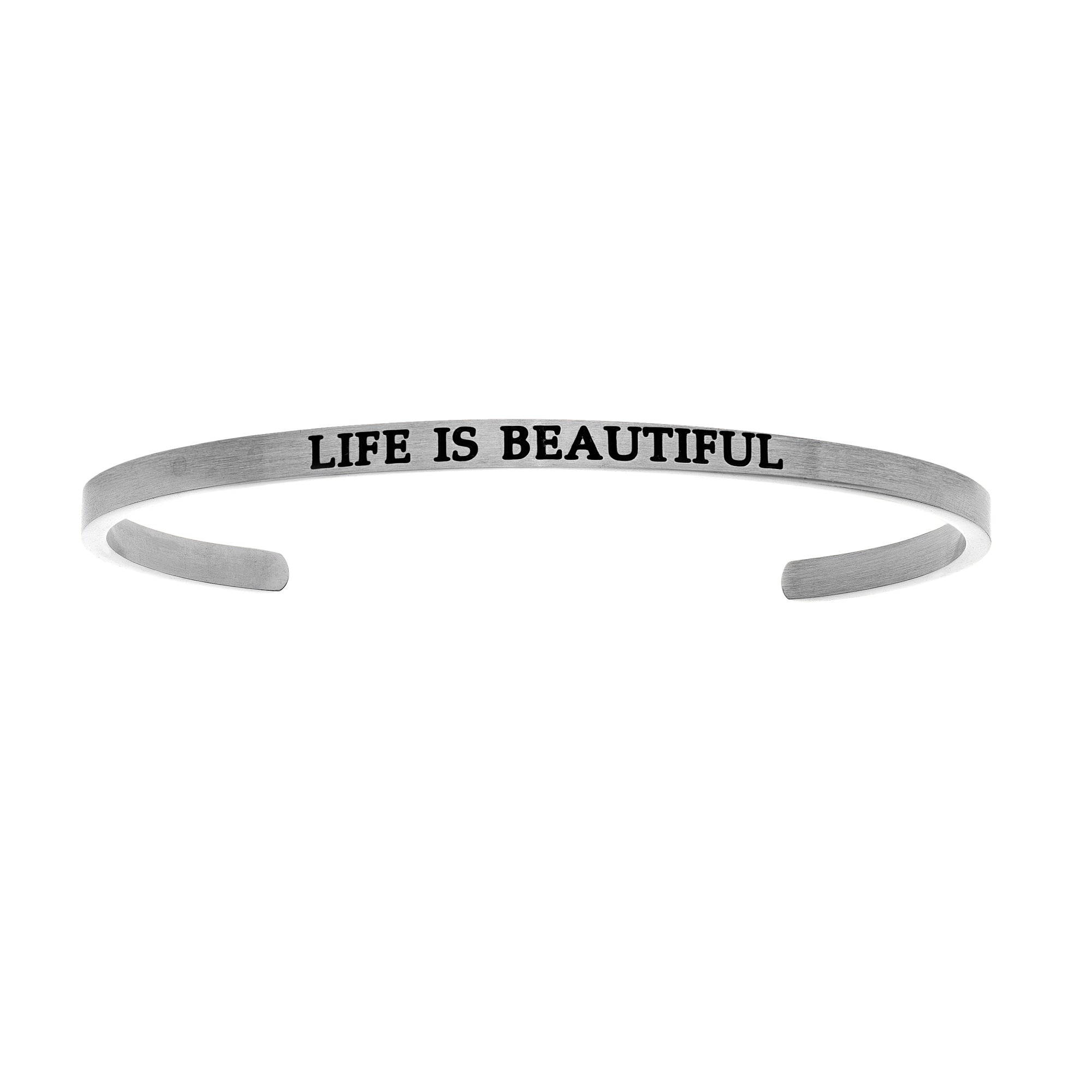 Intuitions Stainless Steel LIFE IS BEAUTIFUL Diamond Accent Cuff Bangle Bracelet fine designer jewelry for men and women