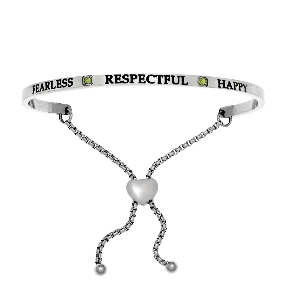 Intuitions Stainless Steel Fearless, Respectful, Happy August Lite Green Birthstone Bangle Bracelet
