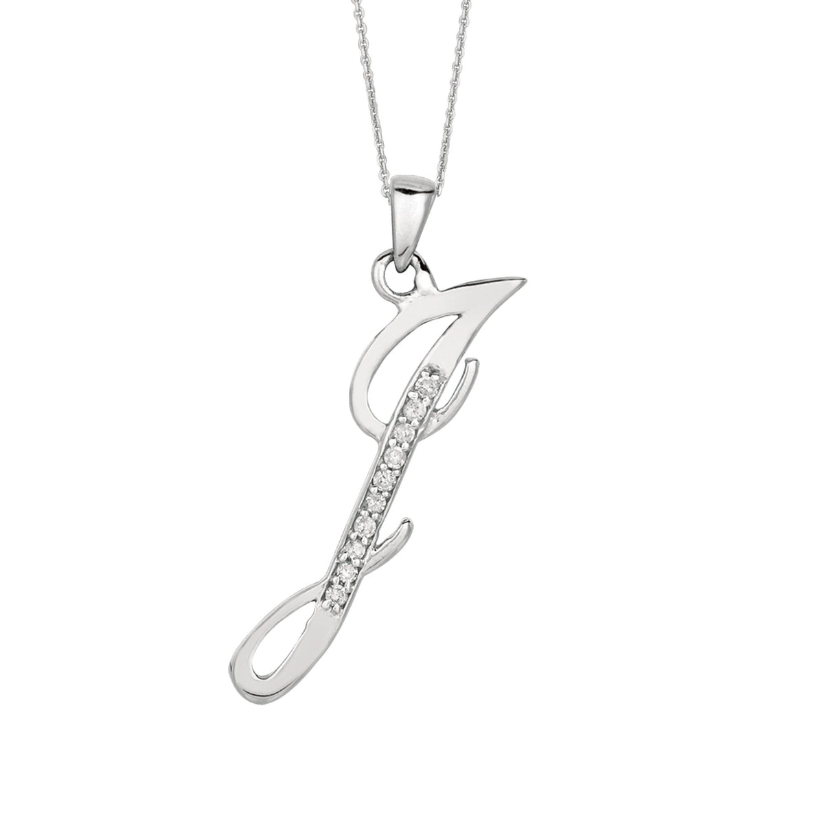 "J" Sterling Silver Rhodium Plated Script Initial Letter With Diamonds On 18 Inch Chain ( 0.05 Tcw)