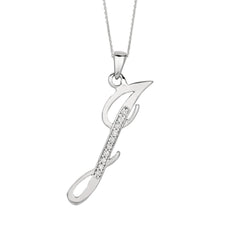 "J" Sterling Silver Rhodium Plated Script Initial Letter With Diamonds On 18 Inch Chain ( 0.05 Tcw)