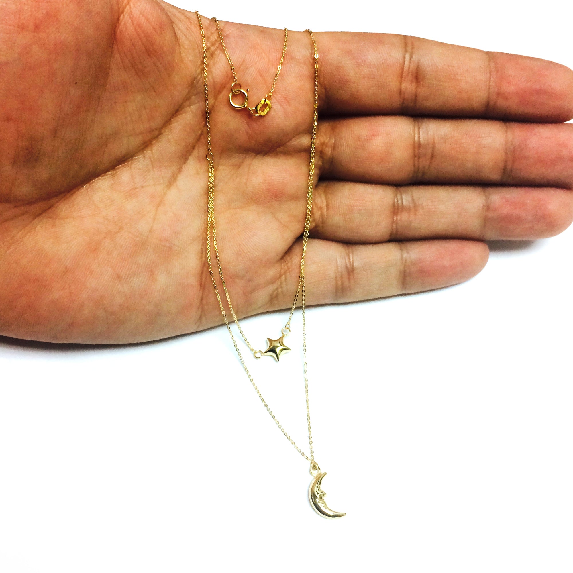 Collana con ciondolo a strati con luna e stella in oro giallo 10 carati, gioielli di design da 17" per uomini e donne