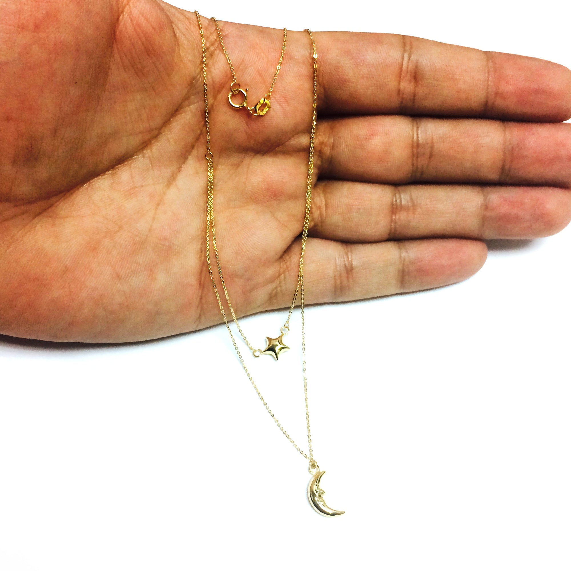10K Yellow Gold Moon And Star Layered Pendant Necklace, 17" fine designer jewelry for men and women