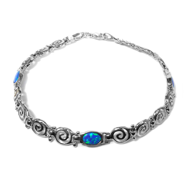 Sterling Silver Rhodium Plated Greek Spira Bracelet and Synthetic Opal, 7.25"