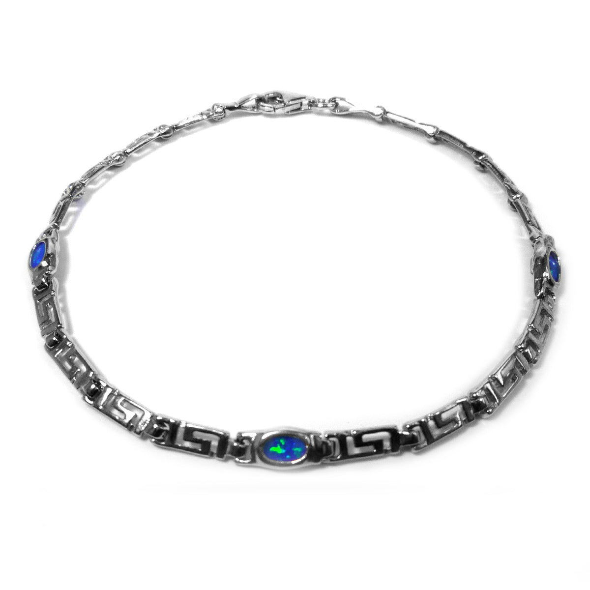 Bracciale con chiave greca in argento sterling placcato rodio e opale sintetico, gioielli di design da 7,25 pollici per uomini e donne