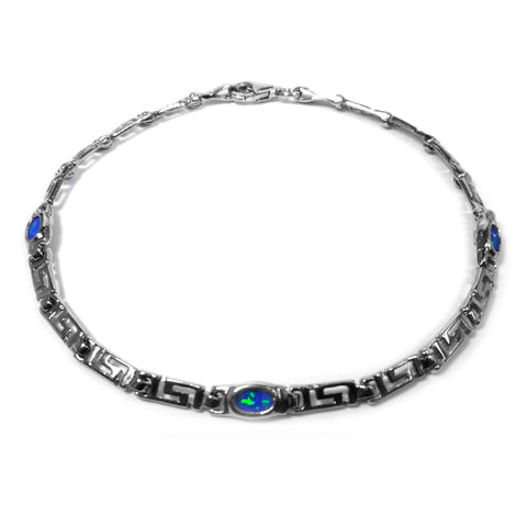 Sterling Silver Rhodium Plated Greek Key Bracelet and Synthetic Opal, 7.25"