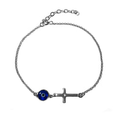 Side Ways Cross Double Sided Evil Eye Adjustable Bracelet Sterling Silver, 7" to 8.5"