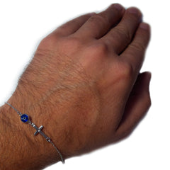 Side Ways Cross Double Sided Evil Eye Adjustable Bracelet Sterling Silver, 7" to 8.5"