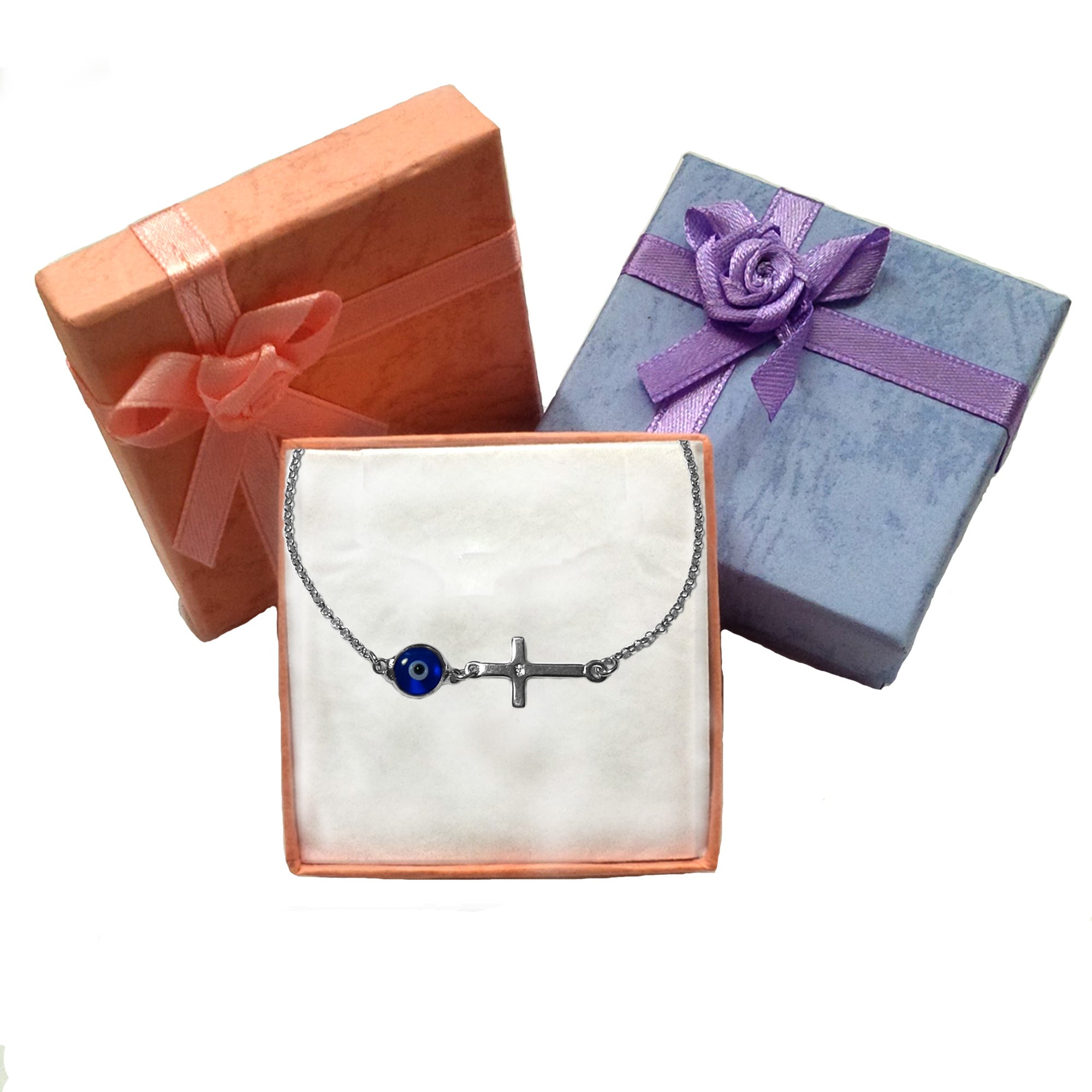 Side Ways Cross Double Sided Evil Eye Adjustable Bracelet Sterling Silver, 7" to 8.5"