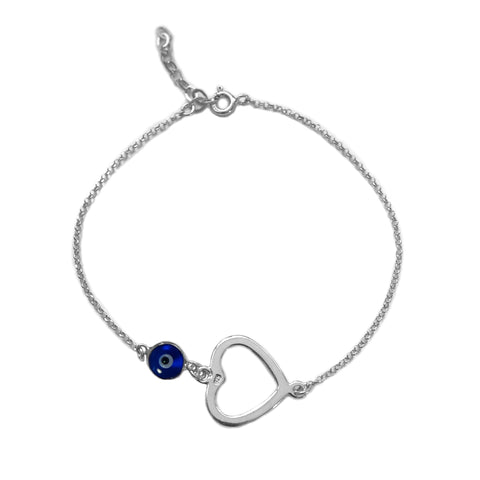 Heart Double Sided Evil Eye Adjustable Bracelet Sterling Silver, 7" to 8.5"