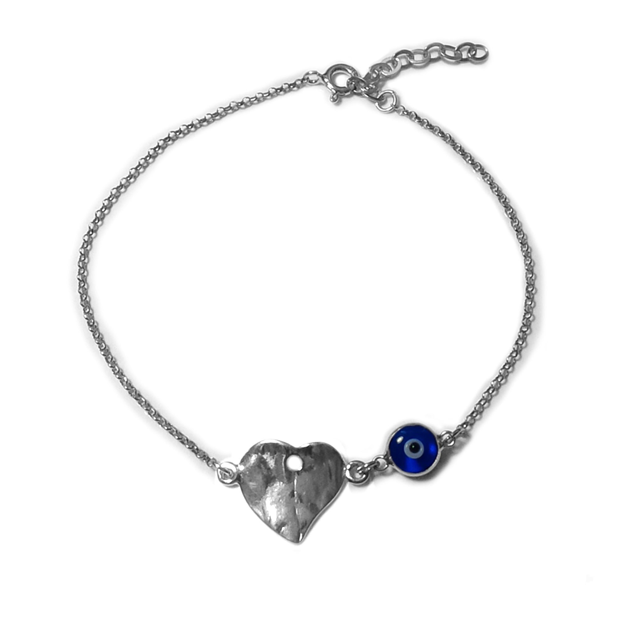 Hammered Heart Double Sided Evil Eye Adjustable Bracelet Sterling Silver, 7" to 8.5"
