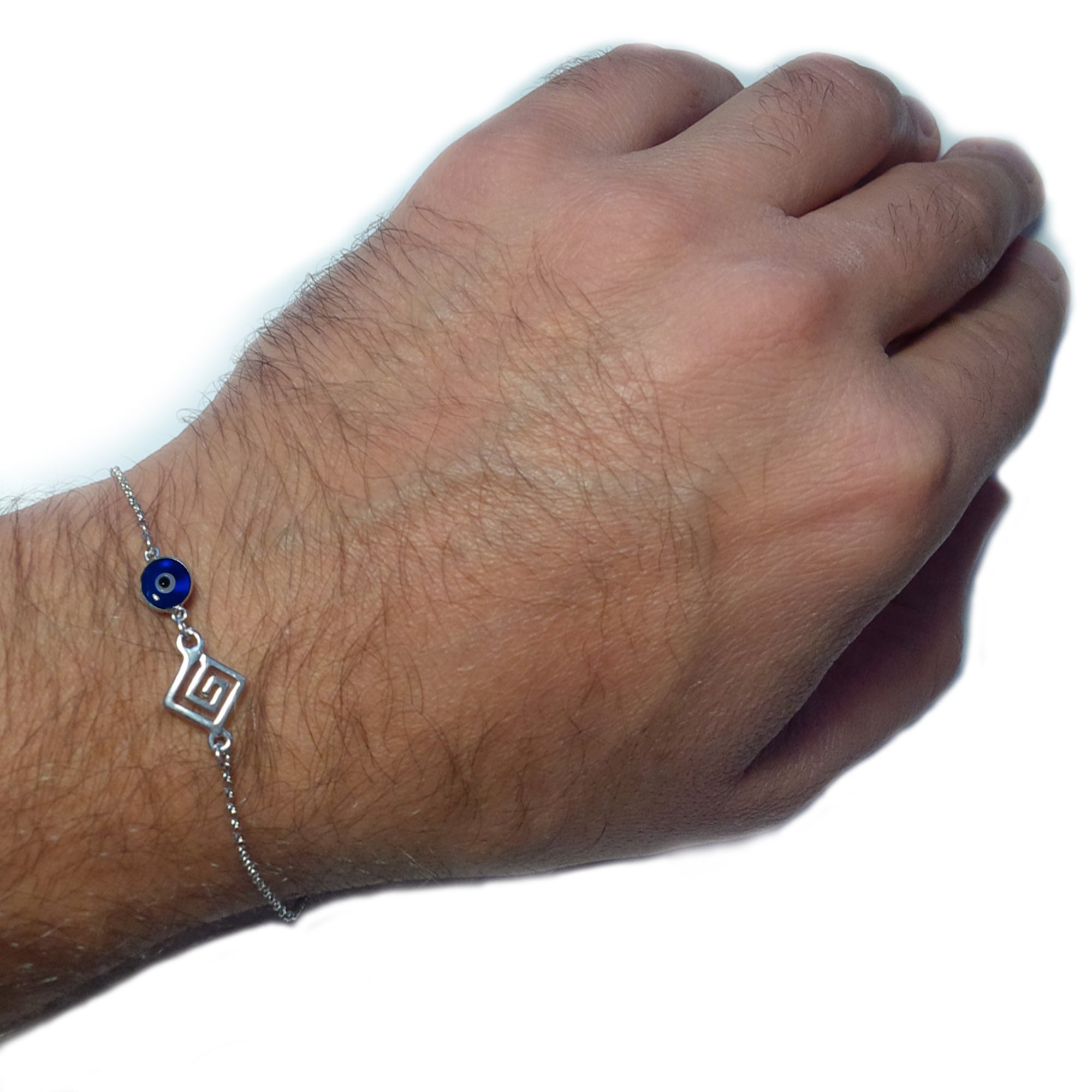 Bracelet réglable à clé grecque double face contre le mauvais œil en argent sterling, bijoux de créateurs fins de 7 à 8,5 pouces pour hommes et femmes