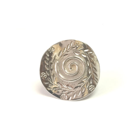 Greek Olive Leaf Disc Ring In Rhodium Plated Sterling Silver