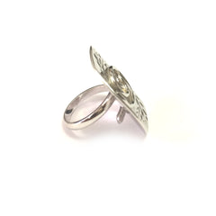 Grekisk Olive Leaf Disc Ring i Rhodium Pläterad Sterling Silver fina designersmycken för män och kvinnor