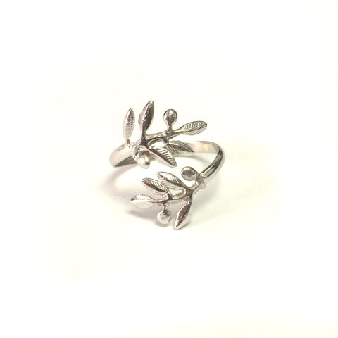 Sterling Silver Rhodium Plated Adjustable Olive Leafs Ring, Size 6