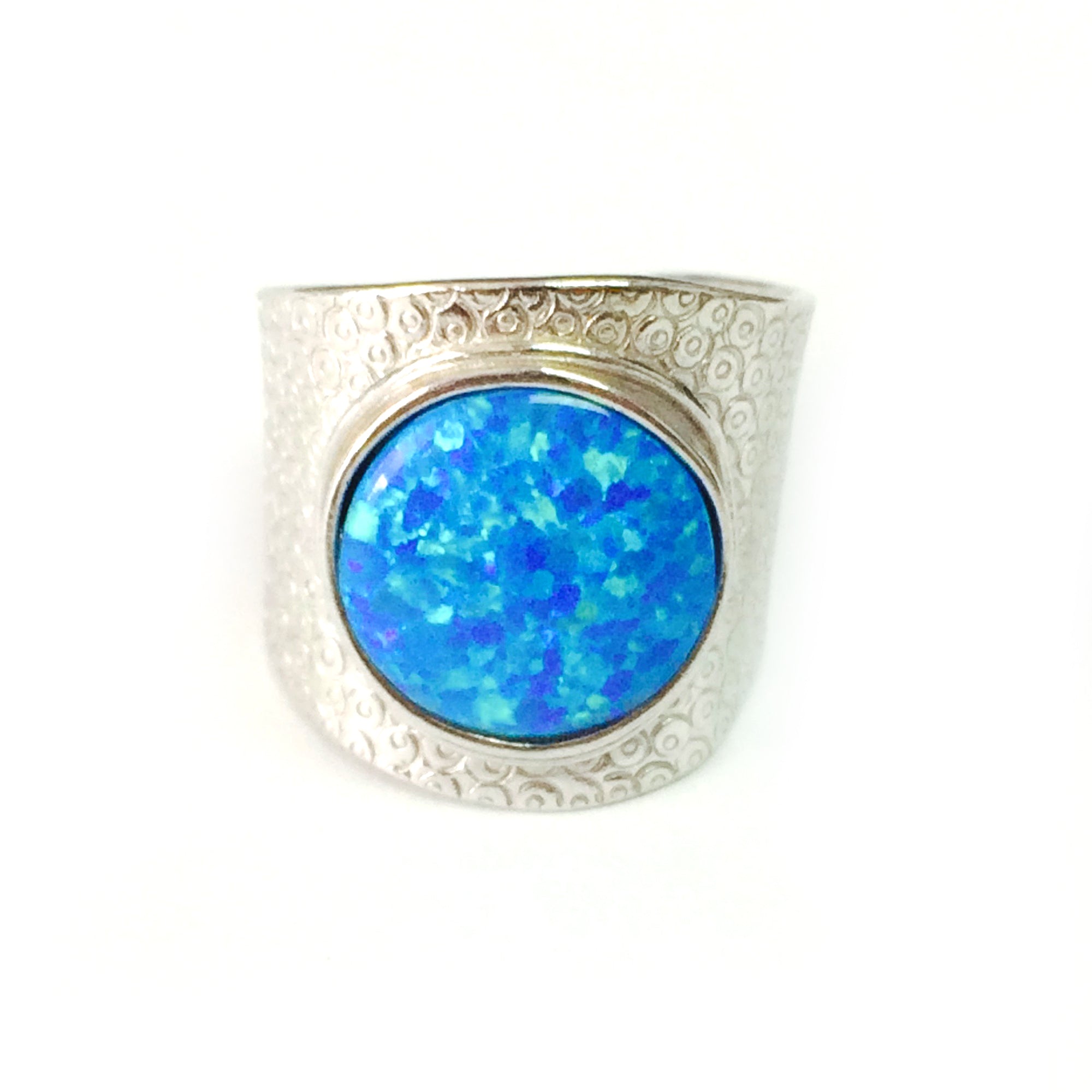 Sterling sølv rhodineret syntetisk blå opal ring, størrelse 6 fine designer smykker til mænd og kvinder